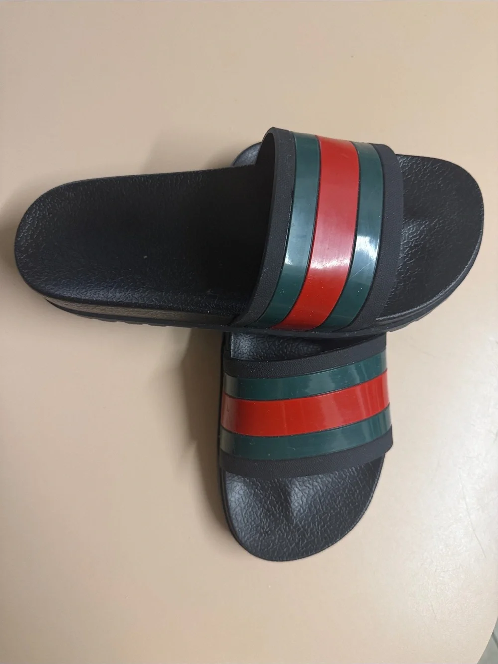Gucci Black Slide Sandals with Red and Green Stripes